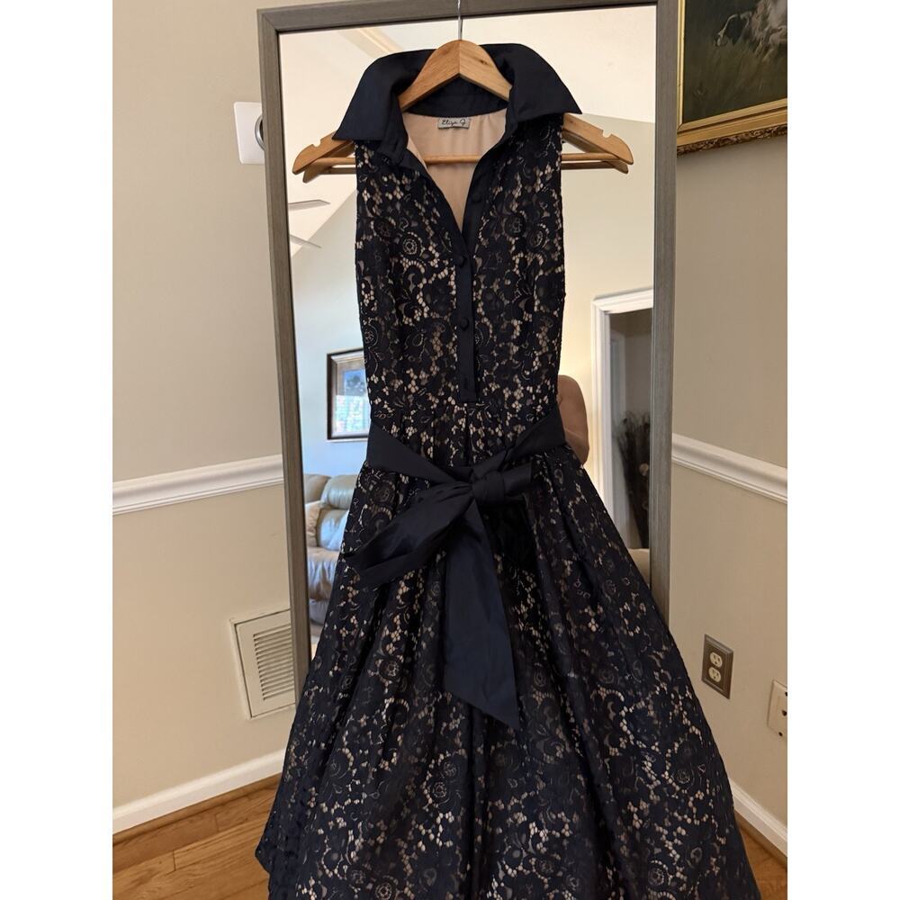 ELIZA J Womens Navy Tie-belt Lined Sleeve Formal Gown‎ Dress 0 - Picture 3 of 5